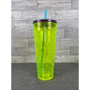 NEW STARBUCKS NEON Lime Bubbleseed Tumbler 24oz Purple Lid Blue Straw 2023 Venti - Picture 1 of 7