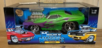 Muscle Machines '70 Cuda Green With Purple Flames 1:18 Scale New In Box  - Image 1 of 4