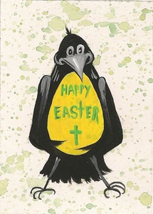 IMPRESIÓN ACEO DE PINTURA CUERVO FELIZ PASCUA DOMINGO ILUSTRACIÓN ARTE HUEVO - Imagen 1 de 1