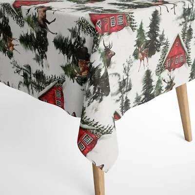 Jacquard Tischdecke beschichtet Baumwolle RENNOS Weihnachten Hirsch Reh Tanne  - Bild 1 von 4