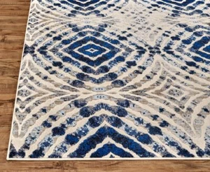 8' Ivory Blue And Gray Abstract Distressed Stain Resistant Runner Rug - Picture 1 of 1