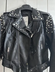 Zara Studded Fringe Biker Jacket Small - Picture 1 of 6