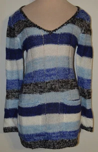 Women's Rue 21 Blue Stripe Long Sleeve V-Neck Tunic Crochet Knit Sweater S-XL - Picture 1 of 3