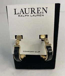 Lauren Ralph Lauren Gold Tone Huggie Hoop Earrings Black  Accents NWT - Picture 1 of 4
