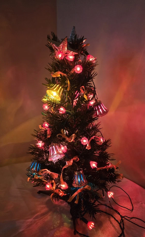 21" Artificial Christmas Tree with Red Tulip Lights Gold Ribbon Gold Bell Star - Image 1 of 4