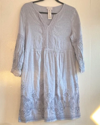 Vestido Tommy Bahama Cambray Bordado Mezcla de Lino Forrado Suave Boho Azul M Foto 1 de 4