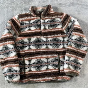 Hurley Pullover Sweater Girls Medium Brown White Fuzzy Sherpa Aztec Pocket Cozy - Picture 1 of 9
