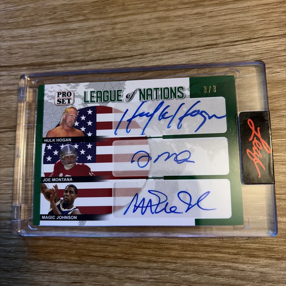 2022 Pro Set League of Nations Hulk Hogan Joe Montana Magic Johnson Auto #3/3 - Image 1 of 1