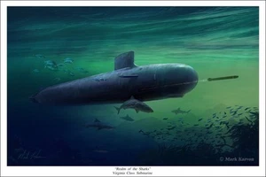 "Realm of the Sharks"" Mark Karvon 24" Estampado Giclee - Submarino Clase Virginia - Imagen 1 de 1
