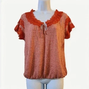 Dream Out Loud Selena Gomez Womens Top Size L Orange Gray Striped Lace Tee - Picture 1 of 7