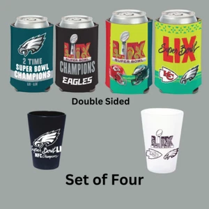 Super Bowl LIX Chiefs Vs Eagles Set of Four- 2 Silicon Shot Glass- 2 Can Cooler - Picture 1 of 5
