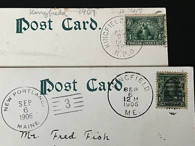 x2 KINGFIELD ME DAM/BRIDGE POSTCARDS STAMPS DUPLEX + RPO ! +NEW PORTLAND DOANE + - Image 1 of 3