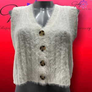 Urban Outfitters Cardigan Fluffy Sleeveless Crop Top Jumper Cream White Size S - Picture 1 of 6