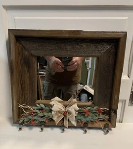 Entryway Barn Wood Mirror with hooks, Bow & Floral Arrangement.  17” X 16”. - Picture 1 of 9