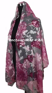 New Stunning 100% Pure Silk Floral Sheer Scarf Wrap, Pink/Gray - Picture 1 of 5