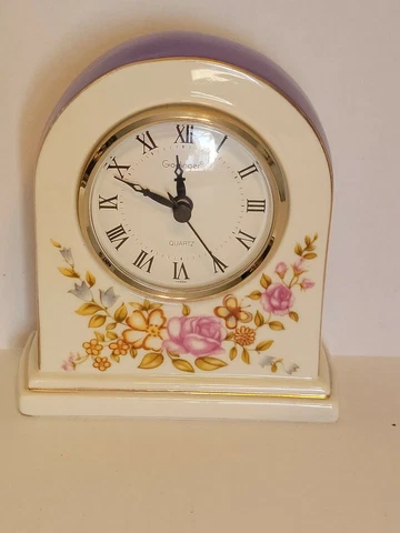 Vintage Godinger Handcrafted Mantle Clock With Flowers, Purple sides & Gold Trim Cover