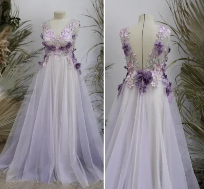 Purple Wedding Dresses Bohemian with Dark Flowers Sleeveless Bridal Gowns - Image 1 of 4