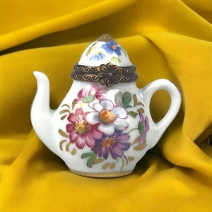 Rehousse Main Limoges France Porcelain Mini Teapot Trinket Box 1.75" Tall Floral - Picture 1 of 15