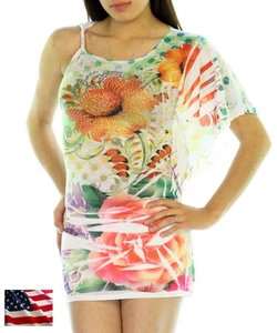 Women Floral Print Off Shoulder Dress W/Rhinestones. Small Medium & Large. - Picture 1 of 2