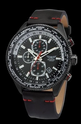 Reloj cronógrafo Aviator VD7 con correa de cuero negro para hombre - AVAW9485   Foto 1 de 4