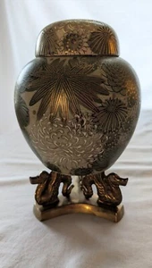 FUJITA KUTANI Green Gold Chrysanthemum Ginger Jar 6" Brass Dragon Stand MCM - Picture 1 of 8