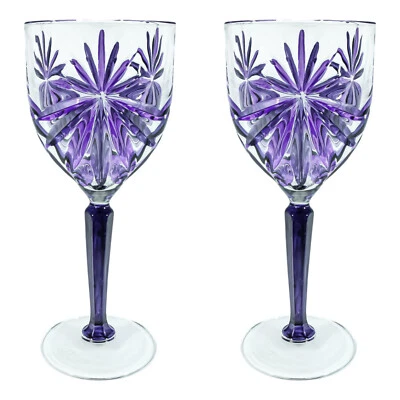 Pair of Purple Murano Wine Glass Hand Painted Dark Stem Venice Italy 20cm - Image 1 of 4