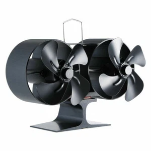 8 Blades Fireplace Fan Double Heads Motor Heat Powered Wood Stove Burner Black - Picture 1 of 8