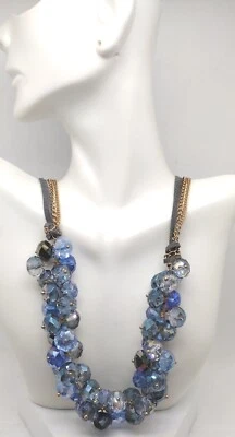 Ali Khan Blue Cluster Crystal Beaded Necklace Leather Chain Gold Toned Jewelry - Image 1 of 4