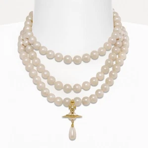 Vivienne Westwood Three Row Triple Layer Pearl Drop Gold Necklace Choker New - Picture 1 of 13