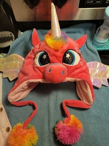 Unicorn Plush Hat Shiny Wings & Horn Embroidered Eyes Two Shades Of Pink NWT. - Picture 1 of 8