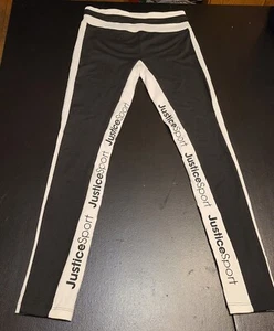 Justice Girls Black Full Length Leggings White Logo Stripe High Waist Size 16/18 - Picture 1 of 3