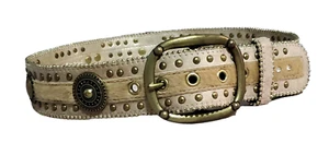 Kathy Van Zeeland Belt M Beige Leather Rhinestones Medallions Faux Fur 2" Wide - Picture 1 of 6