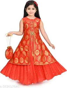 Indian Traditional Silk Printed Embroidered Gown Dress for Girls/Kids - Picture 1 of 28