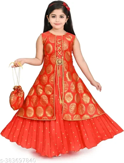 Indian Traditional Silk Printed Embroidered Gown Dress for Girls/Kids - Image 1 of 4