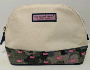 Vineyard Vines Beige Canvas and Green Camo with Pink Whales Makeup Bag - Picture 1 of 4