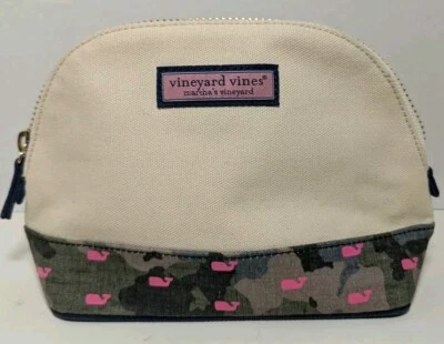 Vineyard Vines Beige Canvas and Green Camo with Pink Whales Makeup Bag - Image 1 of 4