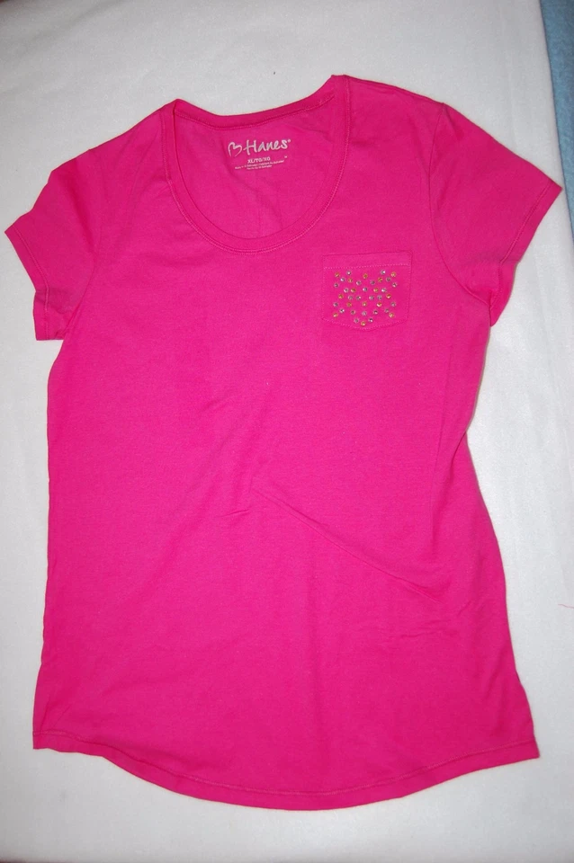 Girls S/S Tee Shirt PINK Silver Gold Stud Pocket L 10-12 Hanes - Image 1 of 1