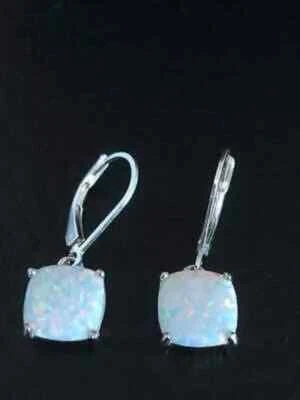 2Ct Cushion Cut Lab Created Fire Opal Women's Drop Earring 14K White Gold Plated - Image 1 of 4