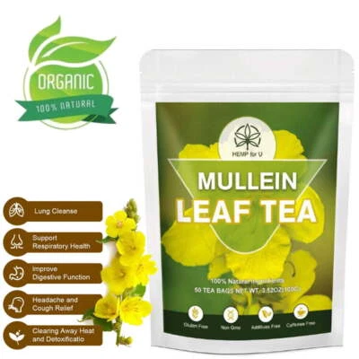 HEMP FOR U 50 Packs Mullein Leaf Tea Bags - Lung Cleanse Detox Herbal Enhance Immunity UK
