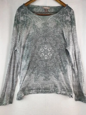 White Stag Women XXL (20) Long Sleeve Shirt Grey w/ Green Mandela Like Design - Image 1 of 4