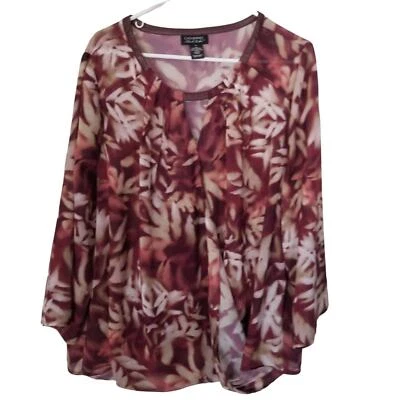 Catherines 1X Top Floral Blouse Women Red Long Sleeve Blouse Keyhole Top Casual - Image 1 of 4
