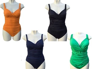 M&S Ruched Swimsuit Crossover Swimming Costume Orange Green Size 10-24 Reg Long - Picture 1 of 49