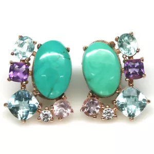 Gema 8 x 12 Mm. Azul Turquesa,Topacio,Amatista & Circonita Pendientes 925 Plata - Imagen 1 de 4