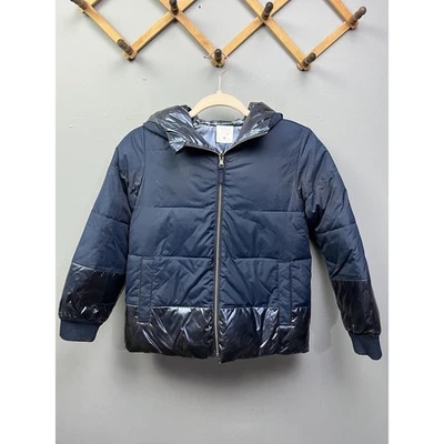 CREWCUTS J CREW Abrigo Niñas Medio Reversible Puffer Chaqueta Azul Con Capucha Metálica Foto 1 de 4