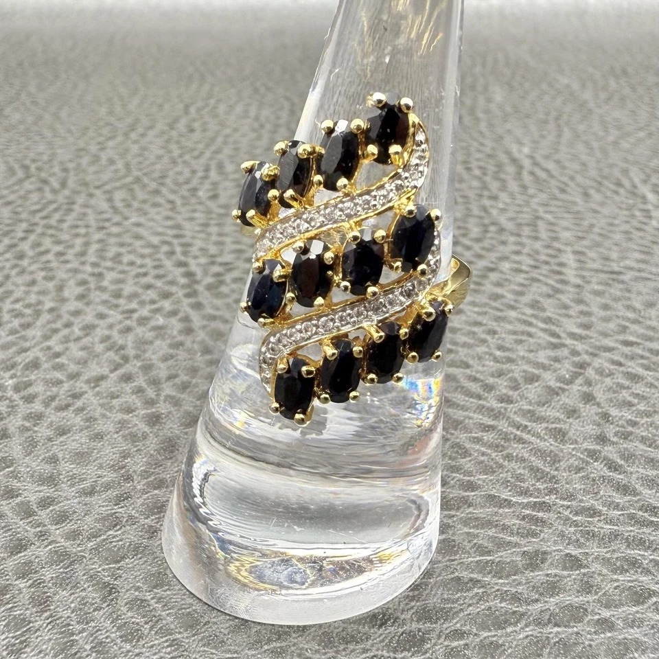 Anillo de cóctel enchapado en oro circonita cúbica topacio azul oscuro para mujer talla 6 joyería llamativa Foto 1 de 4