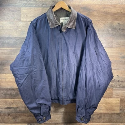 Chaqueta de bombardero Eddie Bauer vintage acolchada forrada cuello de cuero años 90 azul Foto 1 de 4