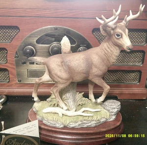 Stag ,Andrea by Sadek Ceramic Deer Figurine #6309 W/ Wood Base WITH BOX AND TAG - Picture 1 of 5