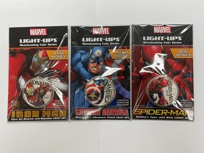 2017 FIJI MARVEL LIGHT-UP COIN 3-COIN SET: IRON MAN, SPIDER-MAN, CAP AMERICA - Image 1 of 4