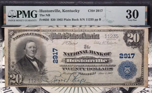 Billete de banco nacional de $20 de 1902 *HUSTONVILLE* KY Fr#650 PMG VF30 CH#2917 parte posterior lisa - Imagen 1 de 7