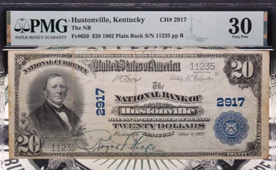 1902 $20 National Bank Note *HUSTONVILLE* KY Fr#650 PMG VF30 CH#2917 Plain Back - Image 1 of 4